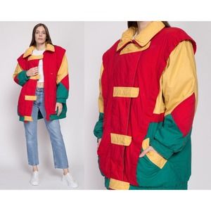 80s Color Block Down Puffer Jacket - Large | Vintage Colorful Winter Ski Coat